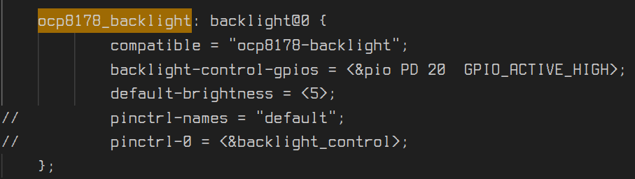 screenshot of the device tree entry with ocp817_backlight highlighted. there is a mention of a PD20 pin which is what caught my attention