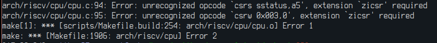 Error: unrecognized opcode 'csrs sstatus,a5', extension 'zicsr' required